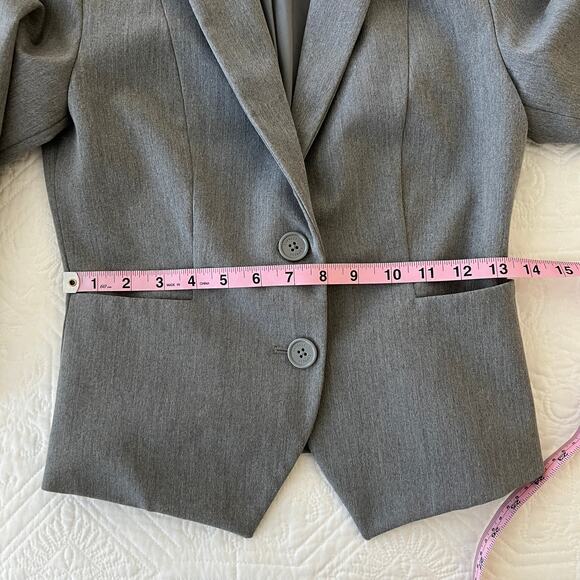 Express Factory 2 Button Blazer Jacket Ruched Sleeves 3/4 Gray Size 0 - Picture 12 of 12